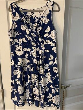 Lands End Blue and White Floral Sleeveless Faux Wrap Dress